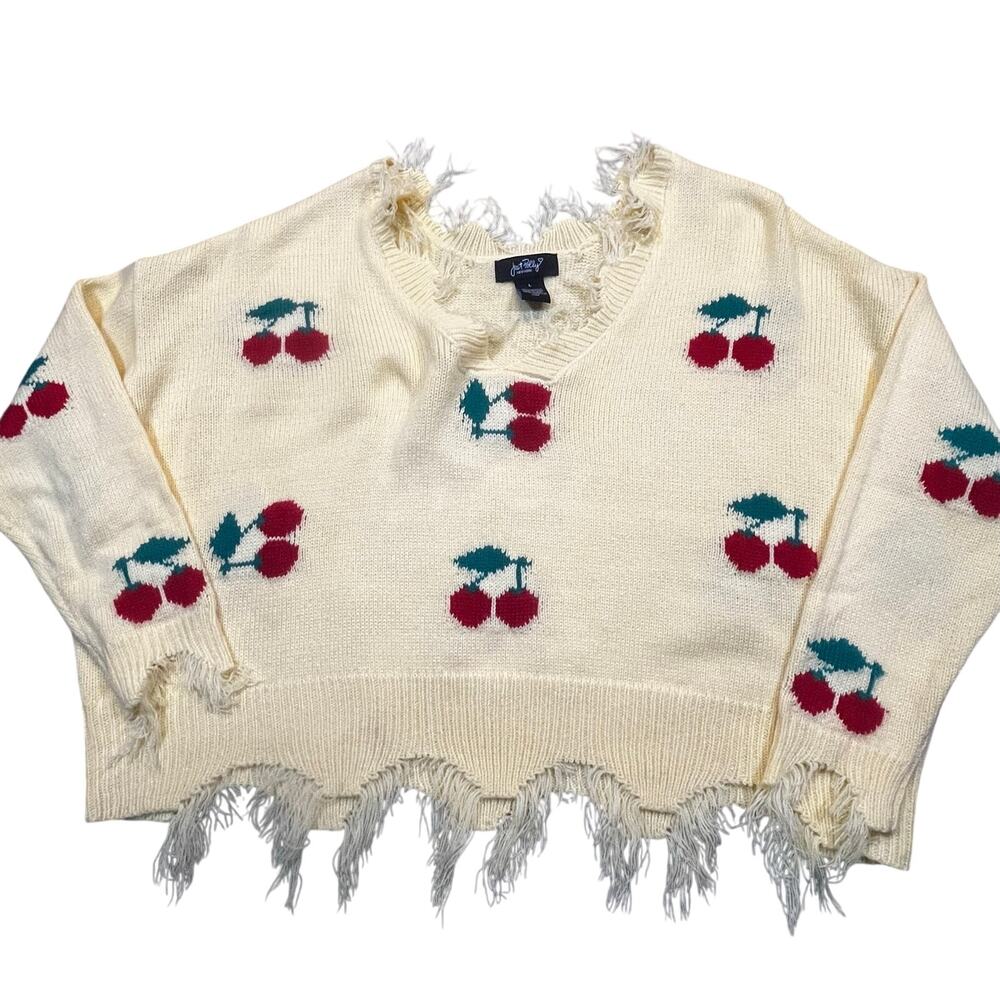 Just Polly Women L Frayed Yellow‎ V-neck Cherry Pullover Oversized Sweater